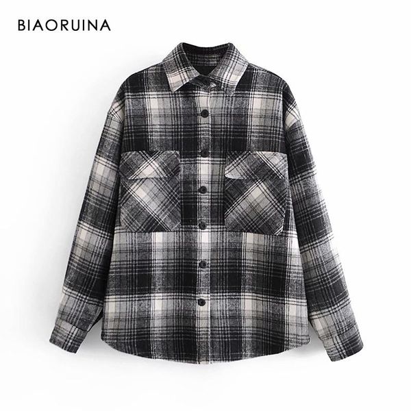 

women's jackets biaoruina plaid single breasted retro classic long sleeve loose woolen jacket all-match casual coat outerwear, Black;brown