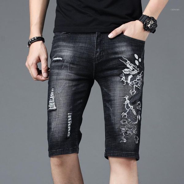 

streetwear denim shorts men fashion 2020 ripped black jeans summer chinese dragon embroidery slim fit straight knee length pants1, Blue
