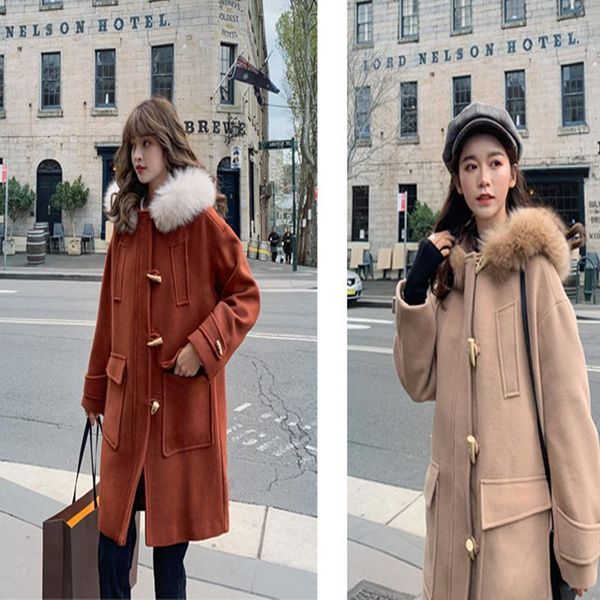 

new solid thickened woolen ladies jackets winter mid-length horn button plus cotton hooded straight fashion wool coat women long1, Black