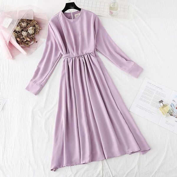

spring women chiffon dresses elegant o-neck long sleeve office solid pleated dress female a-line party dress plus size vestidos1, Black;gray
