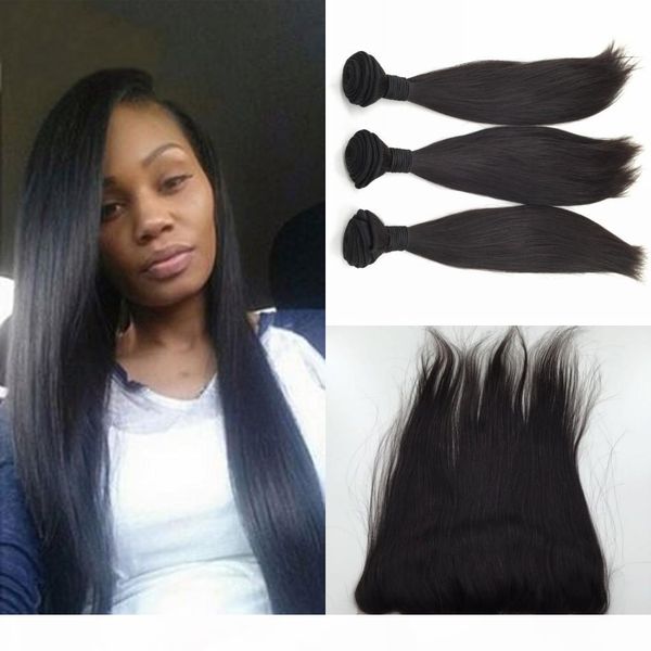 

middle three parts straight virgin brazilian lace frontal closures with 3 bundles human hair weave brazillian straight weft, Black