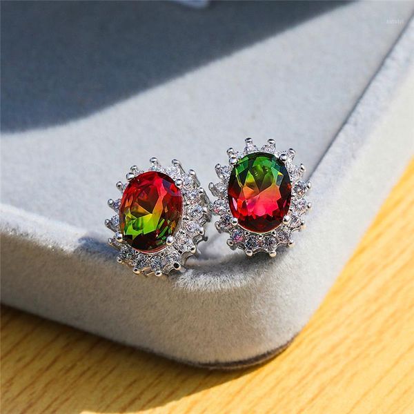 

charm female red green oval stud earrings simple crystal silver zircon stone earrings for women vintage wedding1, Golden;silver