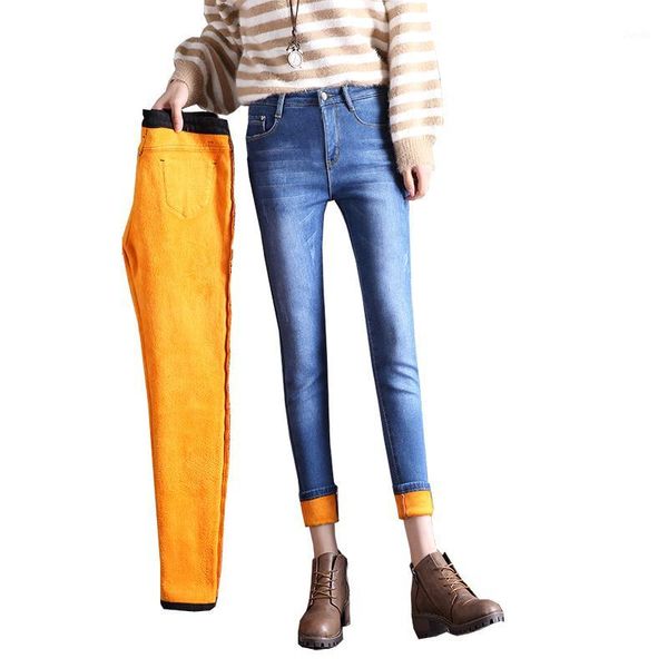 

wkoud korean skinny washed jeans winter fleeces thicken jeans pencil pants women warm denim trousers black blue slim p86341