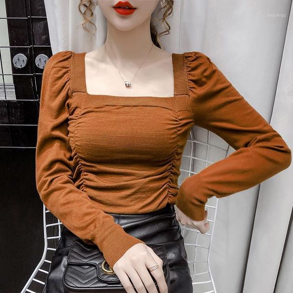 

ladies fashion women 2020 slim square collar bottoming clothing shirt new korean style female low-neck sweater knitting, White;black