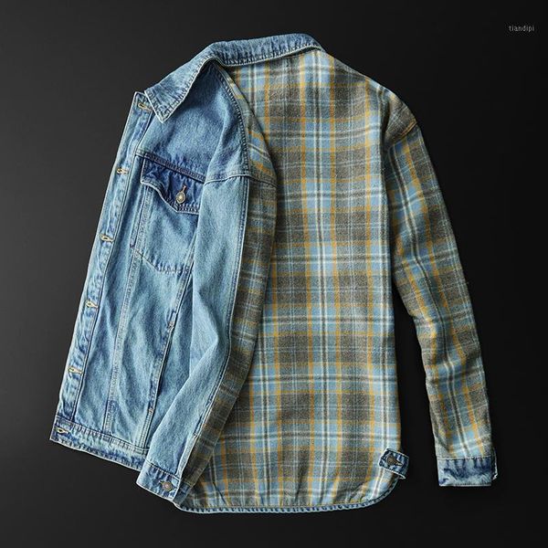 

iidossan casual patchwork denim jackets men fashion streatwear plaid clothes 2020 spring new jackets women clothing drop ship1, Black;brown