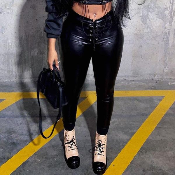 

faux pu leather pants capri women bandage lace up matching night club outfits bodycon tights trousers female clothing black, Black;white
