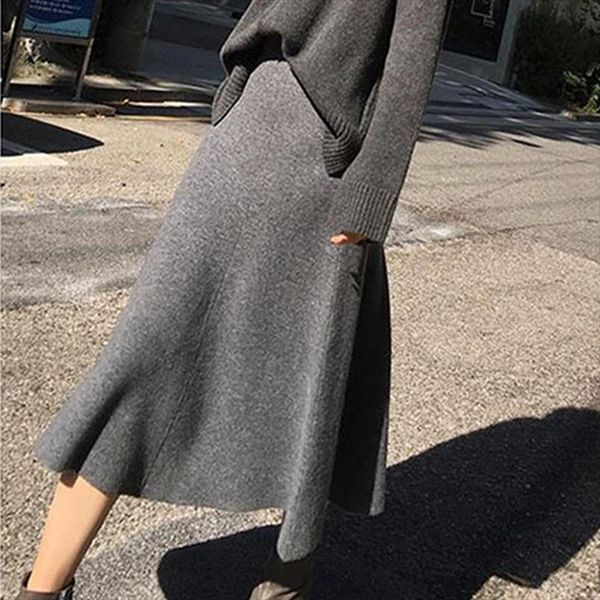 

2021 new cashmere long skirt wool knit a word skirt female long section high waist solid color loose umbrella, Black