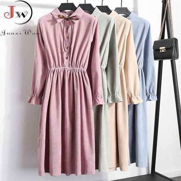 

solid autumn winter corduroy women dress retro elegant vintage long sleeve bow collar long slim floral print office party dress1, Black;gray