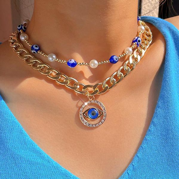 

necklace designer hip hop rock turkish evil eyes pendant necklace multi-layer fashion eye beads pearl beaded choker necklace new, Silver
