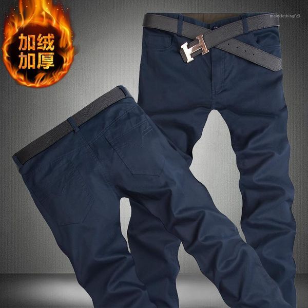 

men's pants winter clothing men's fashion business leisure xiushen loose pure cotton color and velvet pants/ men 20211, Black