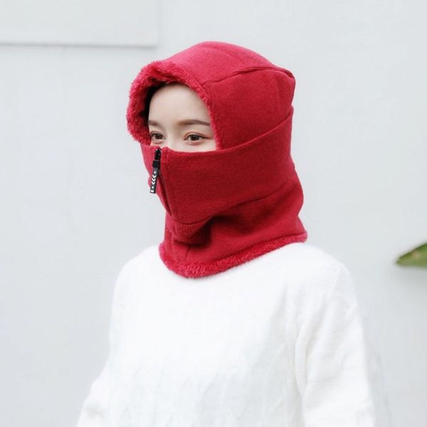 

beanie/skull caps winter women's one-piece thermal knitting collar hat outdoor bicycle with plush bonnet quality windproof bucket, Blue;gray