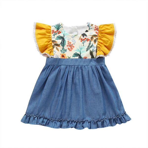 

girl's dresses girls summer dress princess patchwork jeans denim causal children costume sleeveless baby birthday, Red;yellow