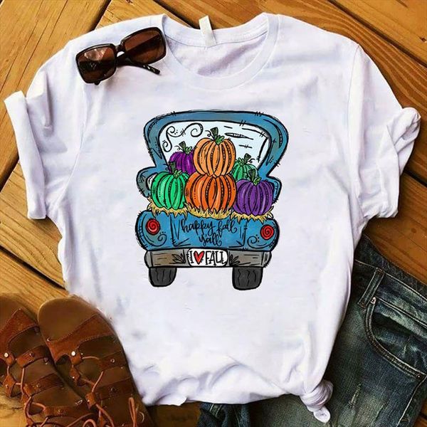 

women lady t shirt pumpkin fall truck print tshirt ladies short sleeve loose tee shirt women female clothes graphic t shirt, White