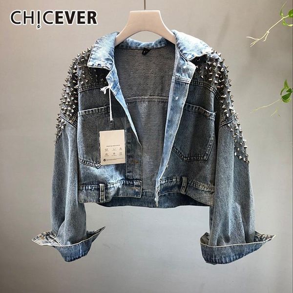 

chicever spring rivet short denim coat lapel long sleeve button pockets slim women clothing 2020 fashion new tide coat, Black;brown