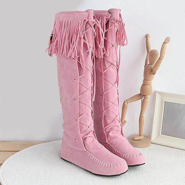 

vintage tassel women long boots round toe flats motorcycle shoes fashion woman lace up knee high boots plus size 34-431, Black