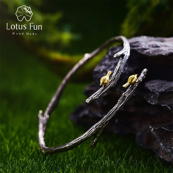 

lotus fun real 925 sterling silver natural original handmade fine jewelry bird on branch adjustable bangle for women bijoux 201211, Black