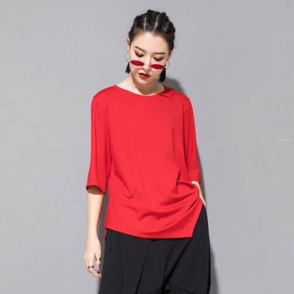 

solid summer new t-shirt irregular design quarter sleeve crew neck top, Black;gray