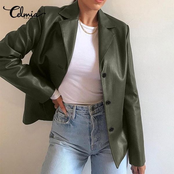

women's vintage blazers 2020 celmia autumn long sleeve casual pu leather jackets fashion suit collar solid outerwear work coats, White;black
