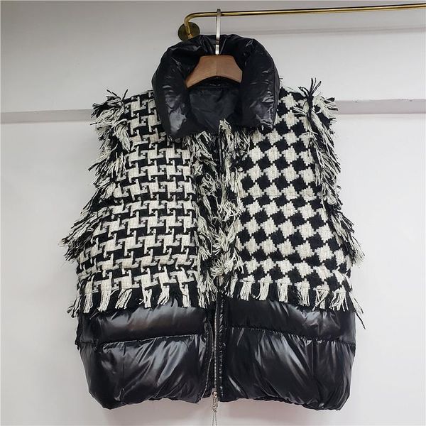 

women's vests [ewq] winter 2021 women minimalist casual loose patchwork plaid tassel stand collar sleeveless cotton vest coat 8d548, Black;white