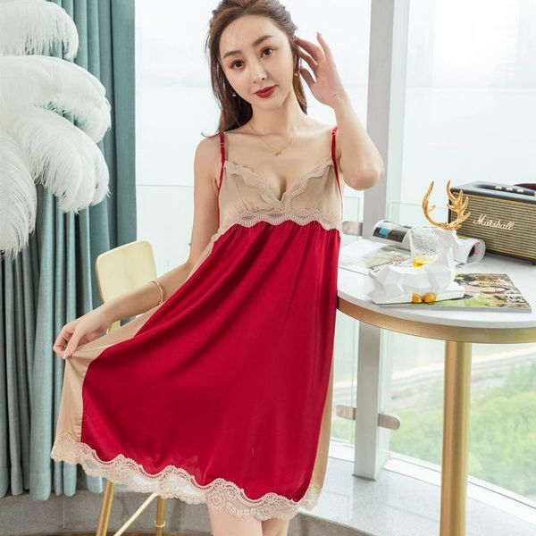 

women's sleepwear contrast color backless lace women's nightdress summer imitation silk strap v-neck loose satin nighty multicolor, Black;red