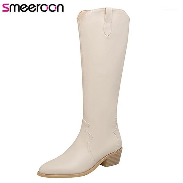 

boots smeeroon 2021 big size 46 western women pointed toe thick heel zip autumn winter casual shoes knee high boots1, Black