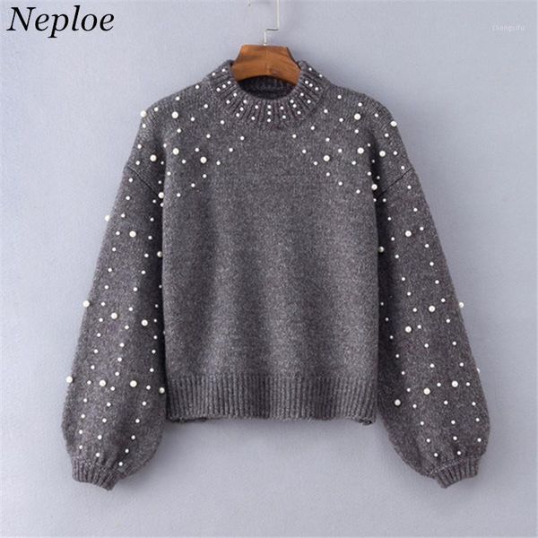 

neploe beading solid simple women sweater oneck casual loose girl pullover 2020 new auttum winter office lady sueter mujer 686241, White;black