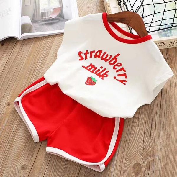 

children's clothing sets baby toddler set 2-8 years kids clothes for girls casual short strawberry print t-shirt korean style, White