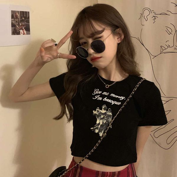 

sleeve 2020bm print summer slim short t-shirt for women, Black;gray