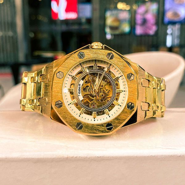 

tourbillon hollow full mechanical watch automatic steel belt military wind super large dial watch men, Slivery;brown