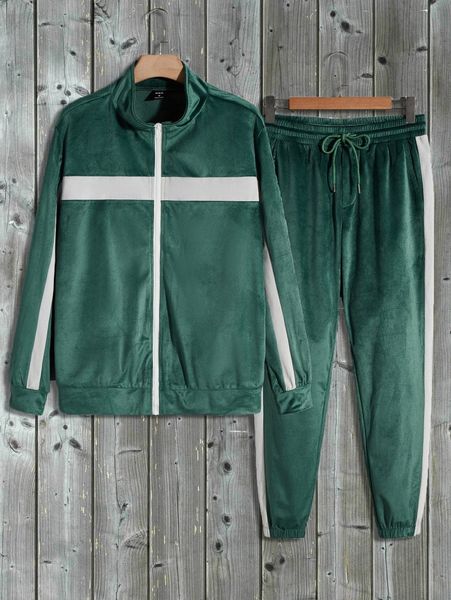 

men colorblock velvet jacket and sweatpants set 17qg#, Gray