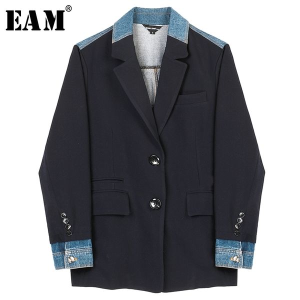 

[eam] loose fit spliced mixed color denim jacket new lapel neck long sleeve women coat fashion tide autumn winter 2020 1a619 y200101, Black;brown