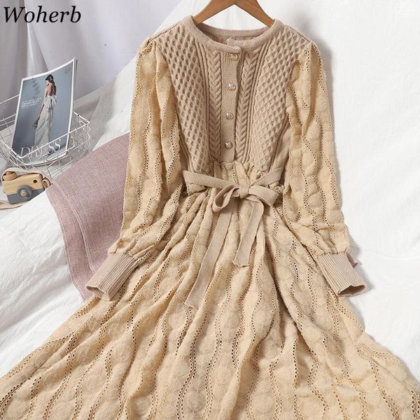 

casual dresses woherb patchwork knitted ribbed for women o-neck bandage vestidos chic crochet floral thicked elegant robe dress 4g3611, Black;gray