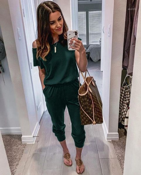 

women's jumpsuits & rompers 2021 for women wryshoulder short sleeve pocket trousers one piece bodysuit jumpsuits1, Black;white