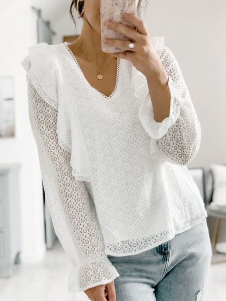 

fashion shirt women solid sheer lace hollow out v neck shirts blouse female white elegant ruffle blusas