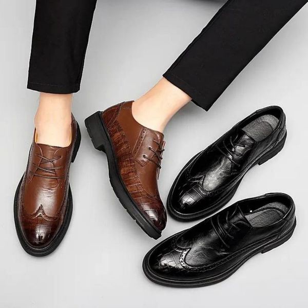 

brogue spring autumn solid men shoes lace up 2021 new pu leather round toe casual business shoes classic comfortable concise dh668, Black