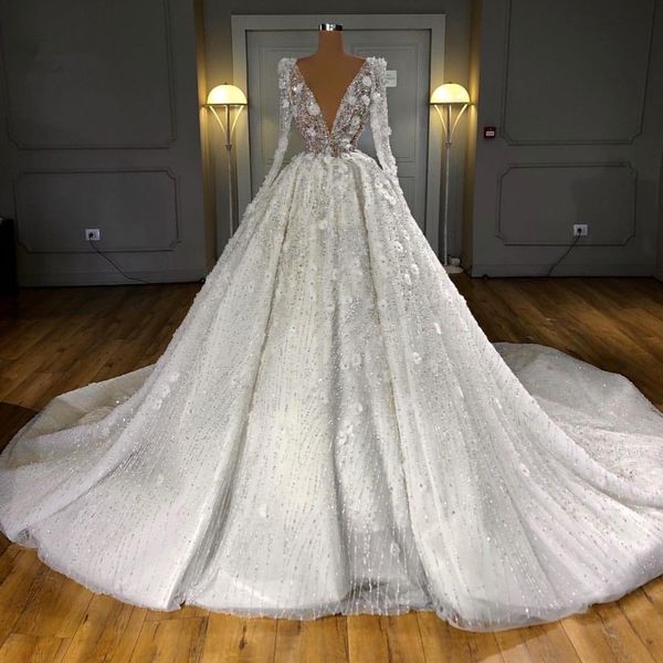 

luxury dubai shiny beaded wedding dresses full sleeves 3d flower wedding dress crystal sequined bridal gowns 2020, White
