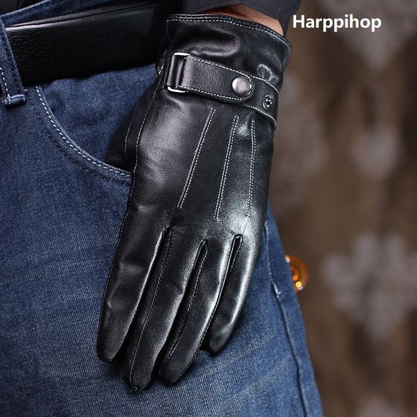 

harppihop mens gloves genuine leather sheepskin mittens warm winter gloves fashion male glove luvas g9291, Blue;gray