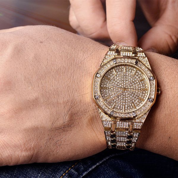 

men watches brand luxury iced out watch gold diamond watch for men square quartz waterproof wristwatch relogio masculino 201118, Slivery;brown