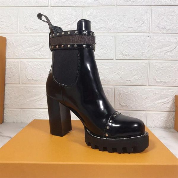 

ankle boots women platform 9.5cm high heels genuine leather round toe rivet ladies shoes luxury design classic botas mujer 2021, Black
