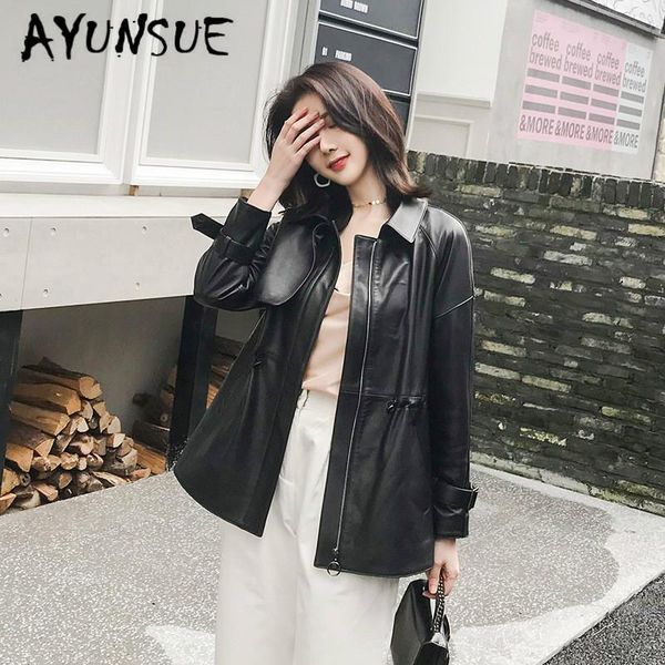 

women's leather & faux real jacket women clothes 2021 sheepskin coat genuine korean windbreaker veste femme s91616 yy2143, Black