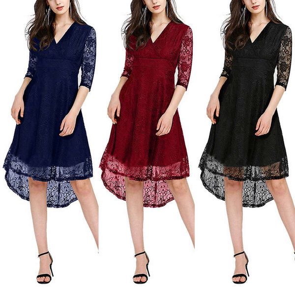 

solid color lace patchwork v-neck mid sleeve irregular dress for women, Black;gray
