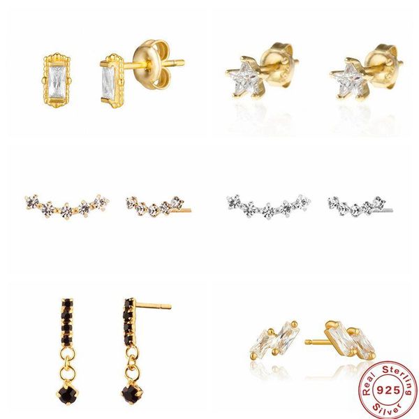 

stud aide all-match bling sparkling s925 sterling silver zircon earrings for women girls cute earring jewelry pendientes brincos, Golden;silver