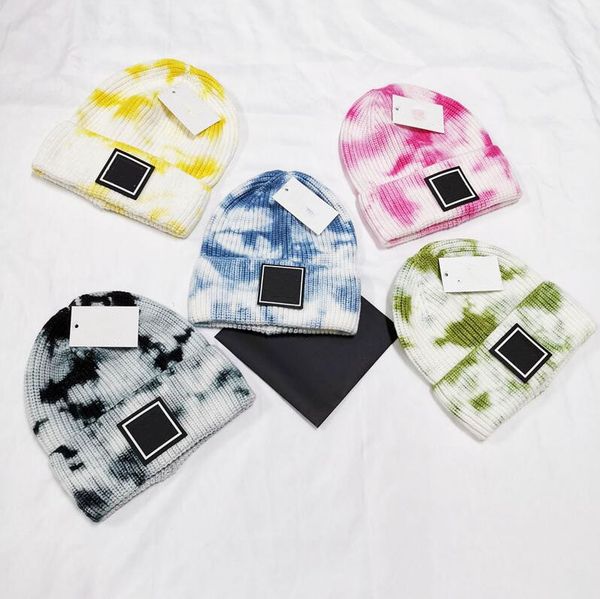 

tie-dye knitted hats for women skullies autumn winte warm beanie gradient color cuffed short melon cap men, Black;white