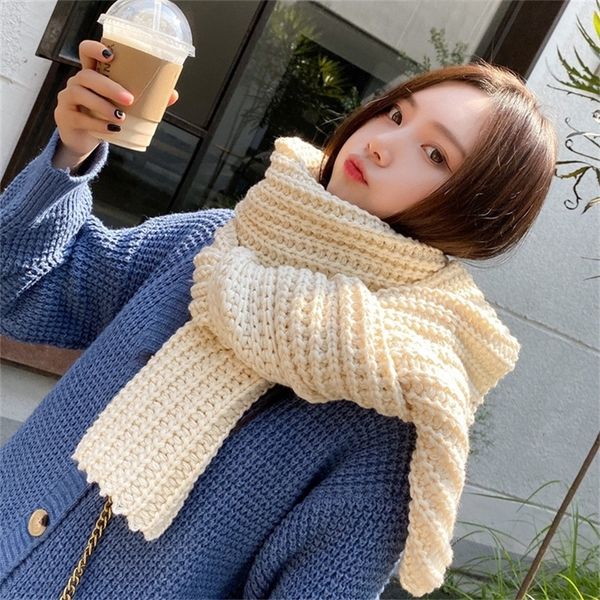 

winter thick warm knitted khaki kadies scarves korean female knitting scarf pink yellow solid color beige foulard femme y201007, Blue;gray