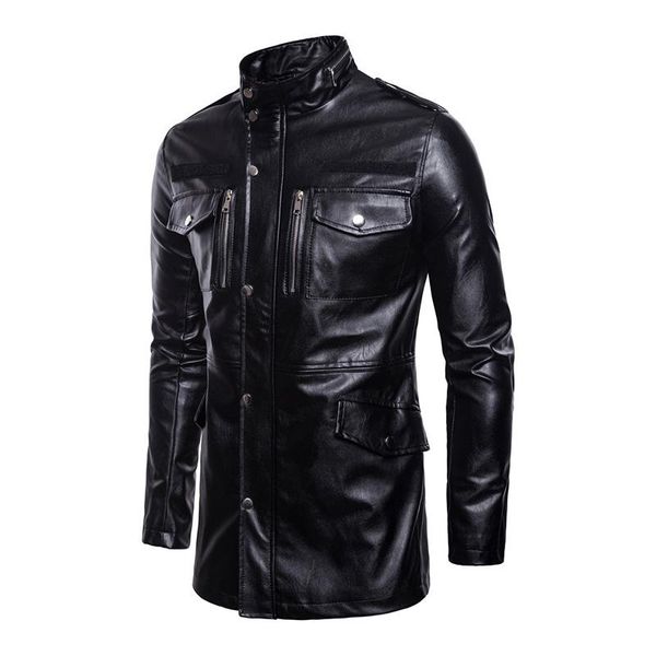 

men's long leather jackets coats new autumn winter clothes man stand collar four-pocket motorcycle leather jacket plus size y, Black