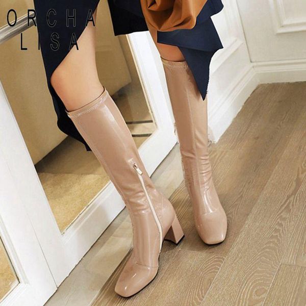 

boots orchalisa ladies knee high square toe 6cm block heels patent leather zip classic spring slim booties big size 18, Black