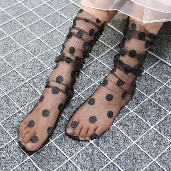 

women ruffle fishnet ankle transparent socks lady summer polka dot mesh lace fish net short socks mesh hosiery1, Black;white