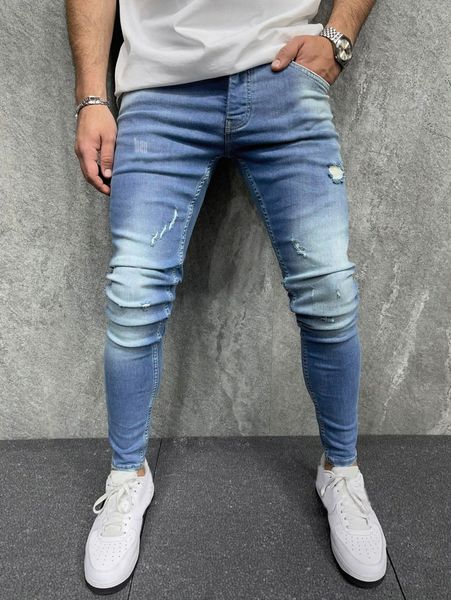 

men bleach wash ripped frayed cat scratch skinny jeans o5ia#, Blue