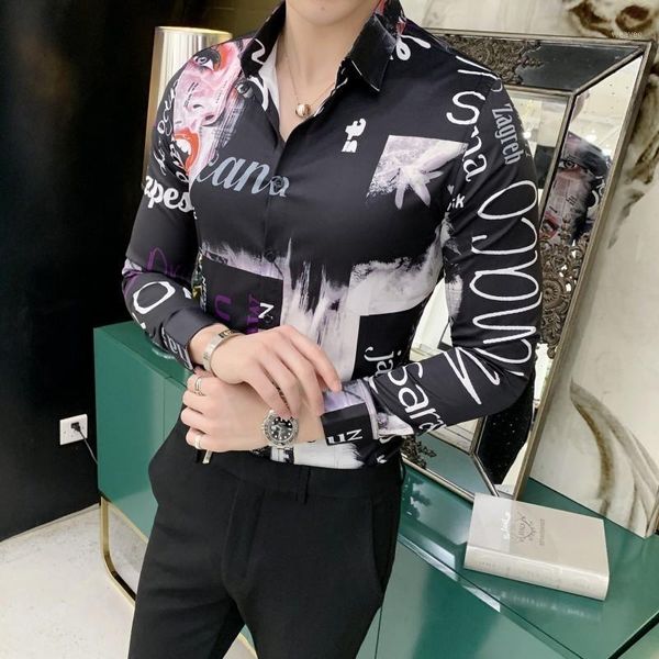 

fashion print tuxedo long sleeve slim fit dress shirts men night club chemise homme british style men shirt camisa masculina1, White;black