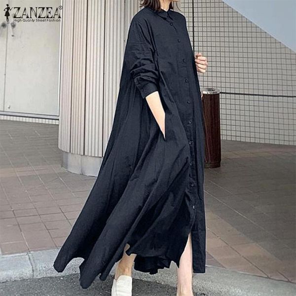 

retro solid shirt dress women's lapel robe 2021 zanzea button long sleeve maxi vestidos female spring sundress plus size 5xl, Black;gray